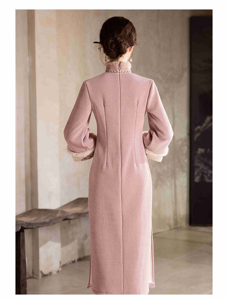 Vintage Chenille Long Sleeve Qipao Dress Winter Warm Midi Cheongsam Hanfu Style