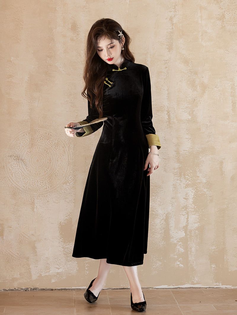 Black Cheongsam Dress with Yellow Collar – Elegant Chinese Traditional Dress