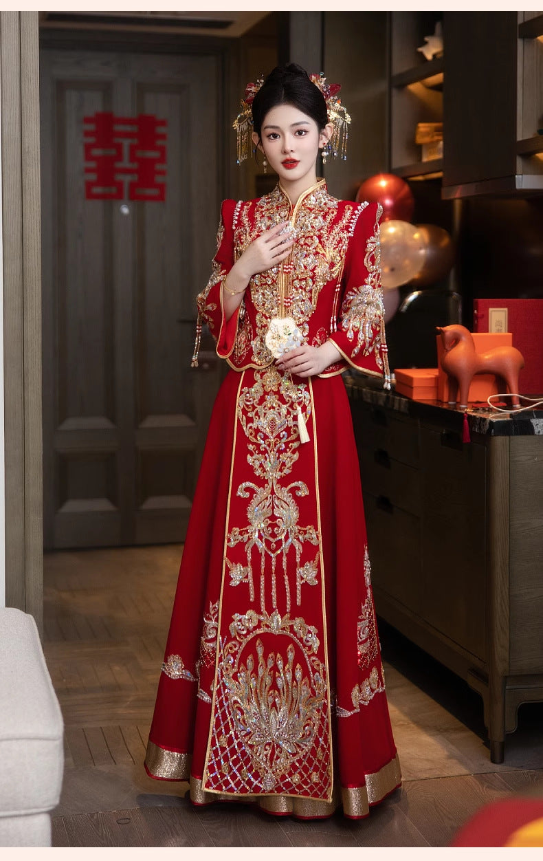 Chinese Satin Xiuhe Bridal Wedding Dress | Embroidered Gown