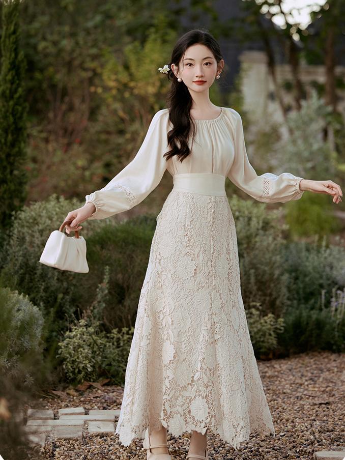 Lace Long Sleeve Dress with Belt, Elegant Womens Floral Dress Lace Long Sleeve Dress with Belt, Elegant Womens Floral Dress