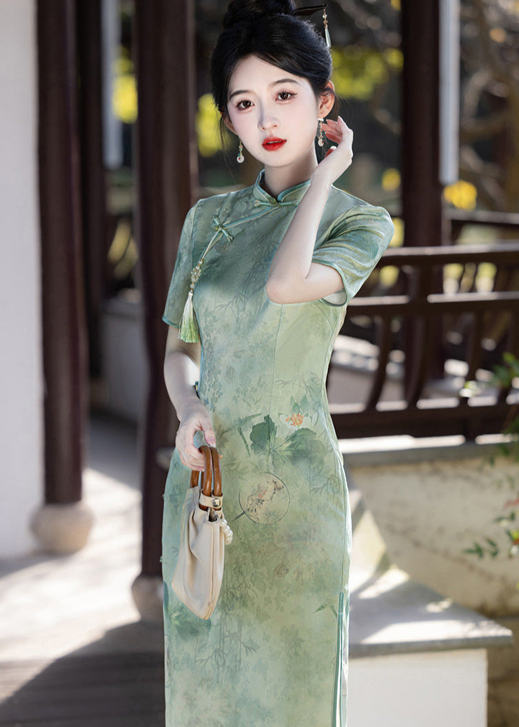 Long Double-Jacquard Cheongsam | Modern Short-Sleeve Mandarin Dress
