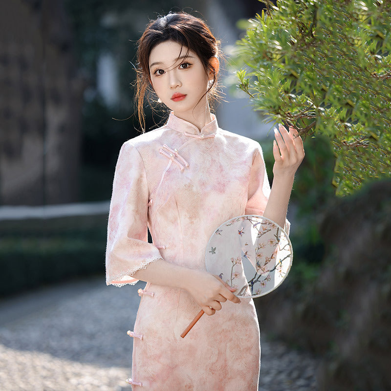 Elegant Pink Floral Cheongsam Dress – Traditional Chinese Qipao with Lace Sleeves