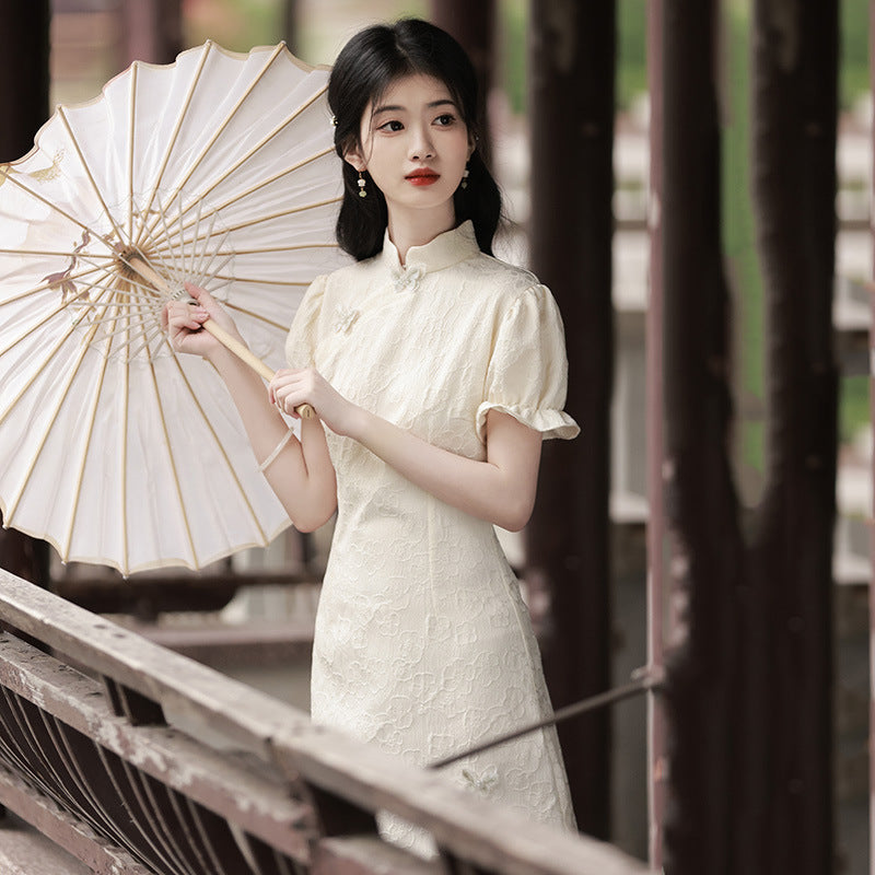 Elegant Black Chinese-Inspired Mini Dress with Puff Sleeves for Women