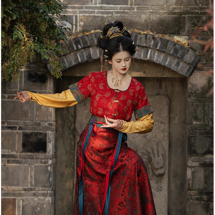 Elegant Red Hanfu Dress with Floral Patterns and Belt