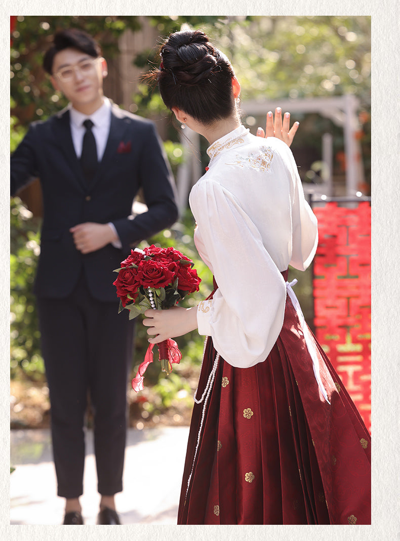 Winter Bridal Embroidered Hanfu Set | Wedding Mamianqun Set with Waist Chain