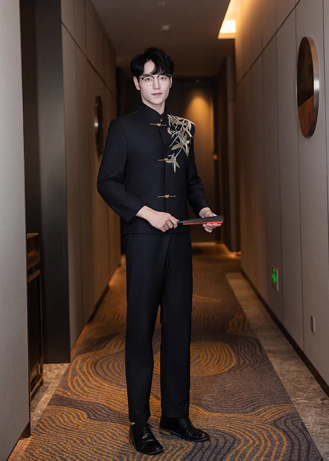 Men’s Black Bamboo Embroidery Zhongshan Suit