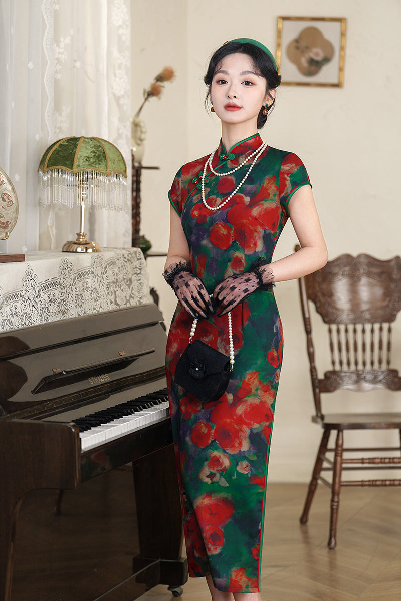 Vintage Oil-Paint Floral Qipao Long Dress | Red-Green Palette