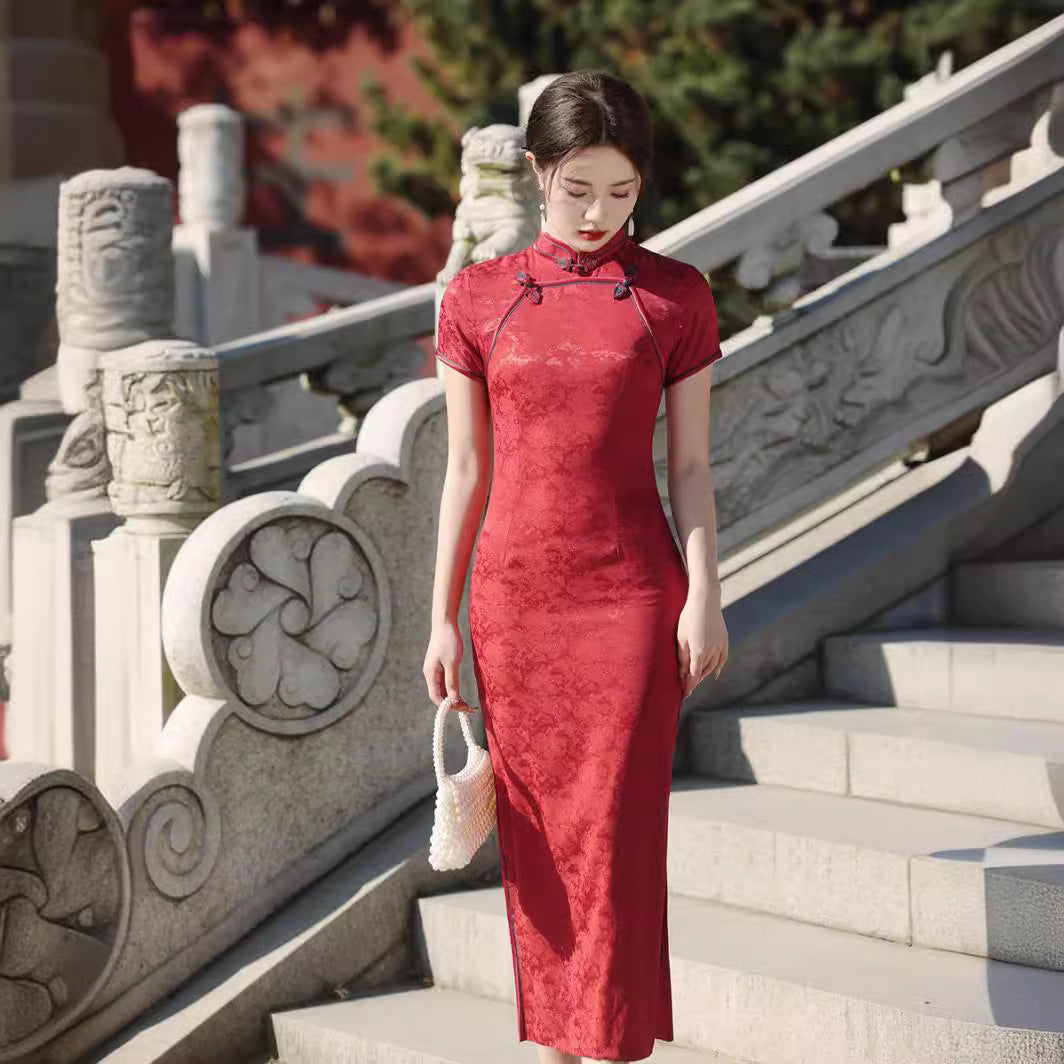 Spring Vintage Jacquard Qipao | Chinese Slim Elegant Short Sleeve Dress