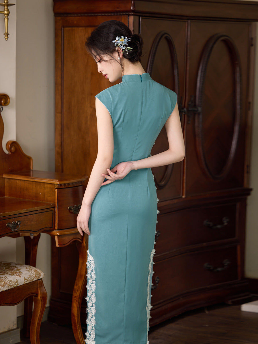 Vintage Cool Tone Qipao | Acetate Faux Hand-Grabbed Floral Design | Elegant Blue Slim Dress