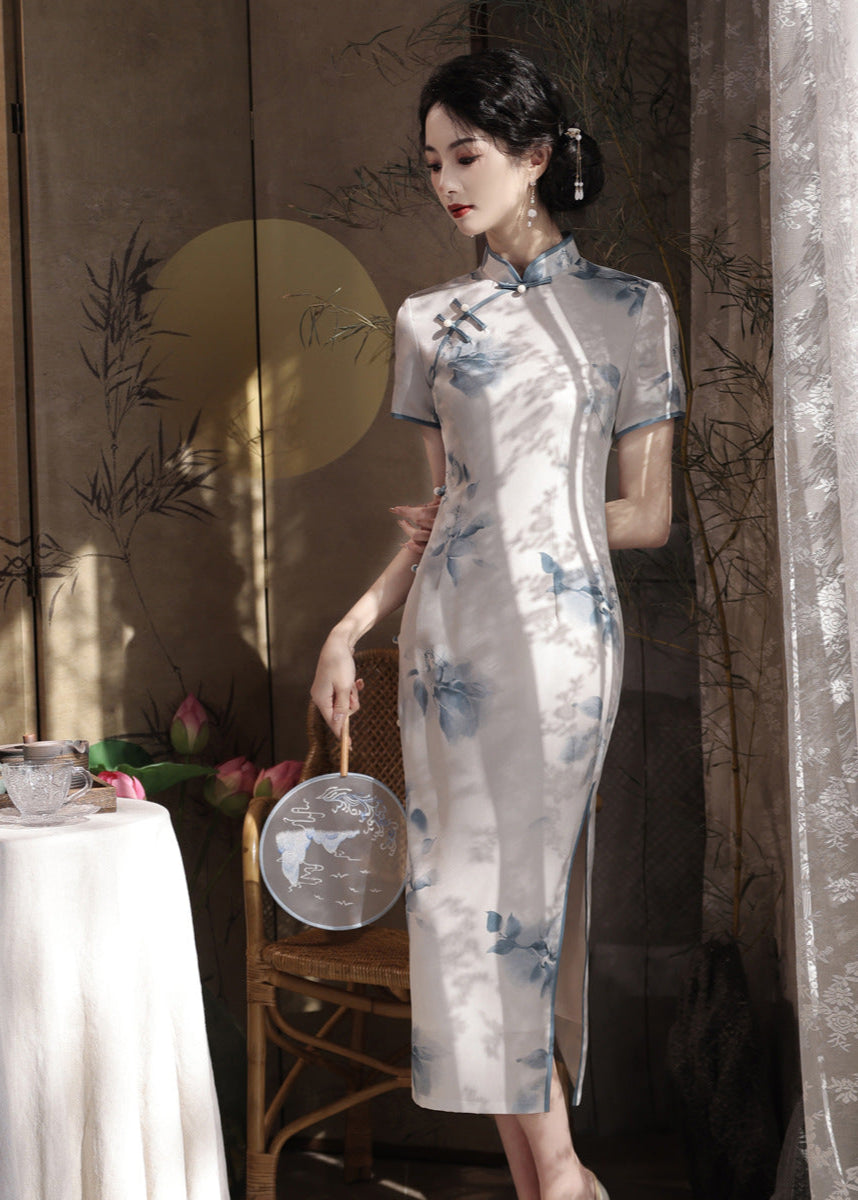 Ink-Print Slim Long Cheongsam | Mandarin Collar & Diagonal Placket & Side Slit
