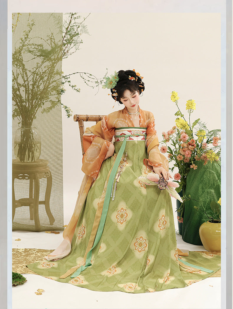 优雅汉服花卉图案百褶裙女装 - 绿橙配色
