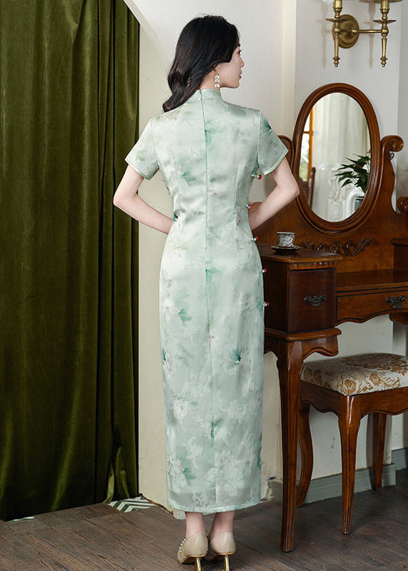 Light Green Vintage Qipao | Summer Short-Sleeve Floral Cheongsam