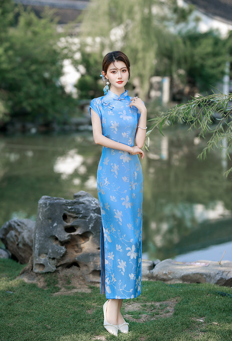 Long Qipao Dress Sky Blue Floral Slim Fit Side Slit Mandarin Collar |  HANGRACE  Han Grace
