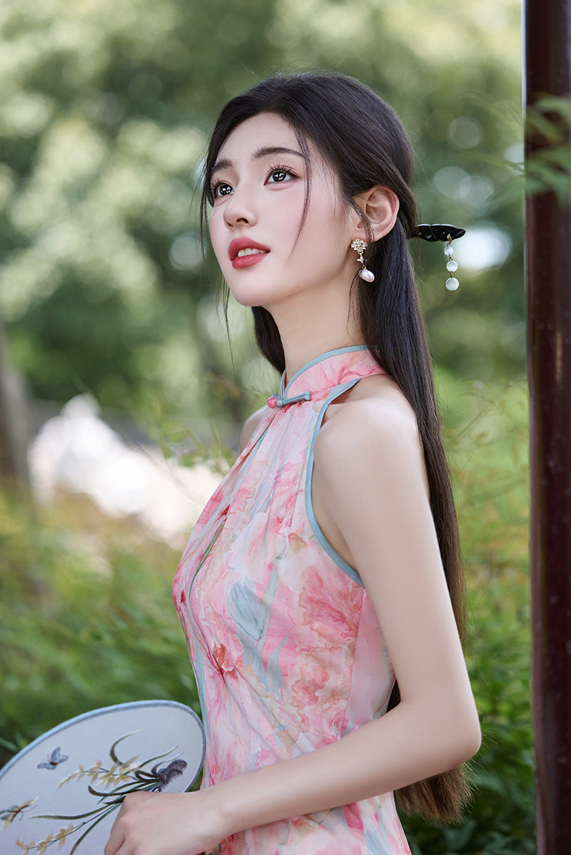 Sleeveless Slim Qipao | Watercolor Print Modern Cheongsam Maxi