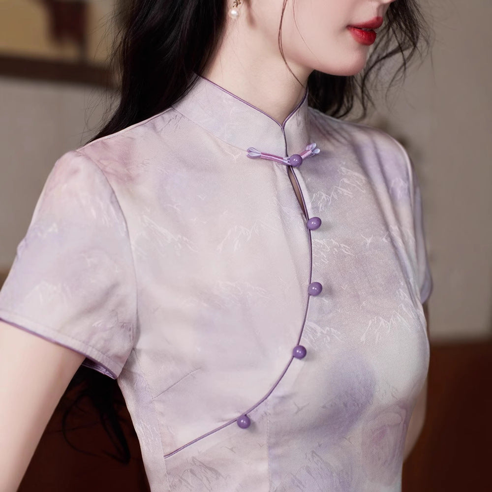 Mist-Lilac Jacquard Qipao | Slim Mandarin Midi Cheongsam