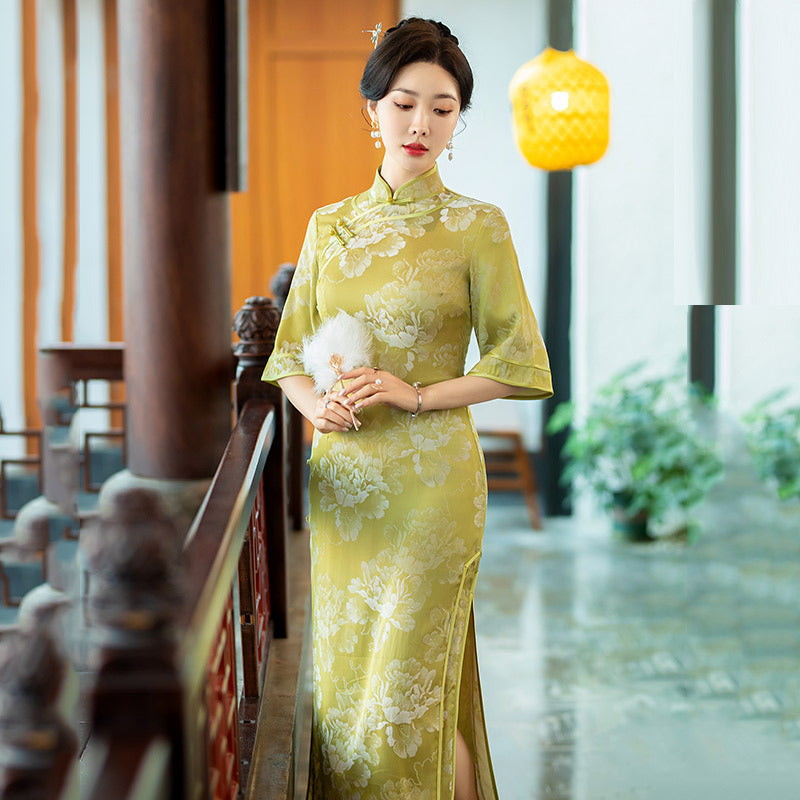 Vintage Jacquard Qipao Chinese Slim Hanfu Dress | Elegant Banquet Gown