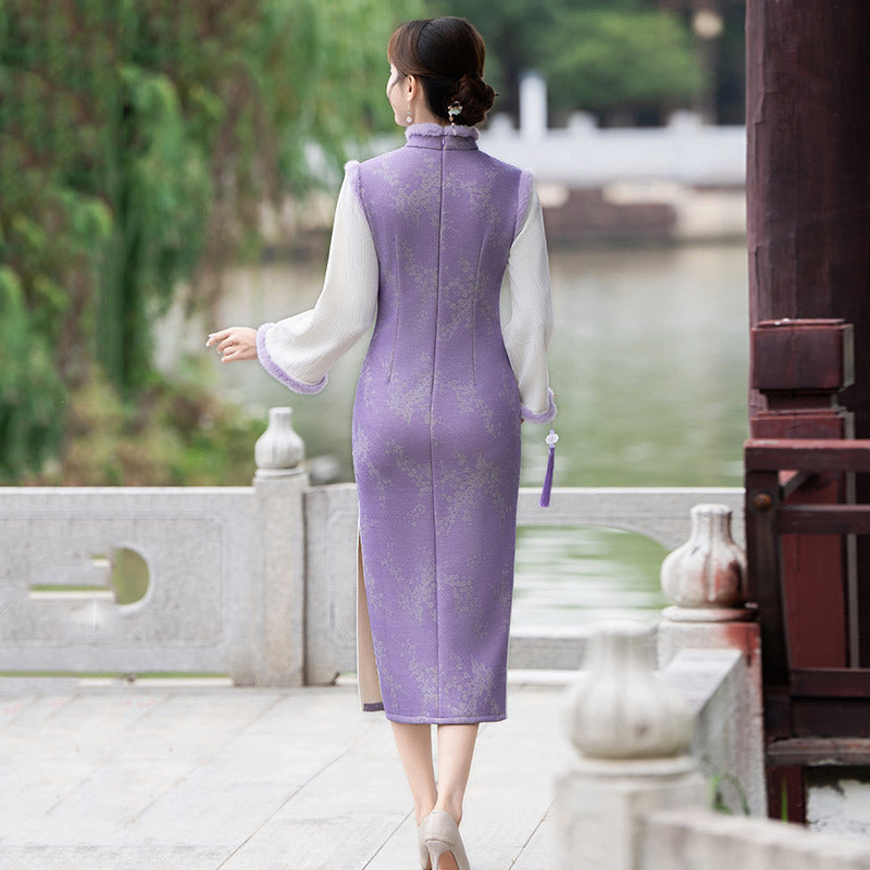 Elegant Purple Cheongsam with Lace and Floral Detailing