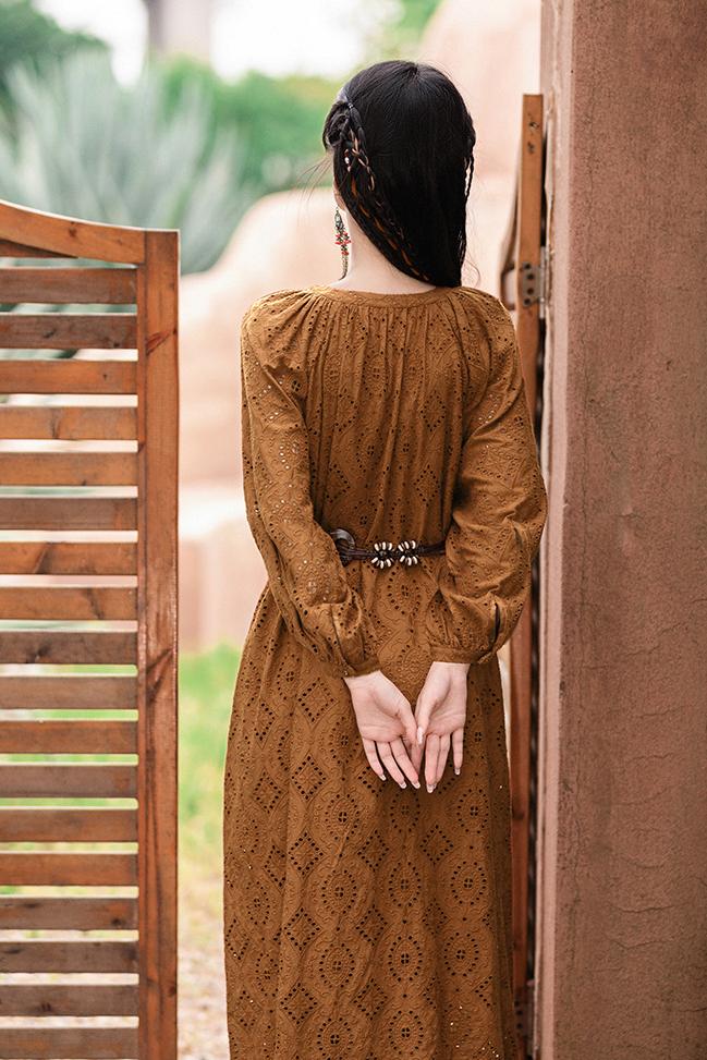 Boho Lace-Up Brown Dress with Long Sleeves