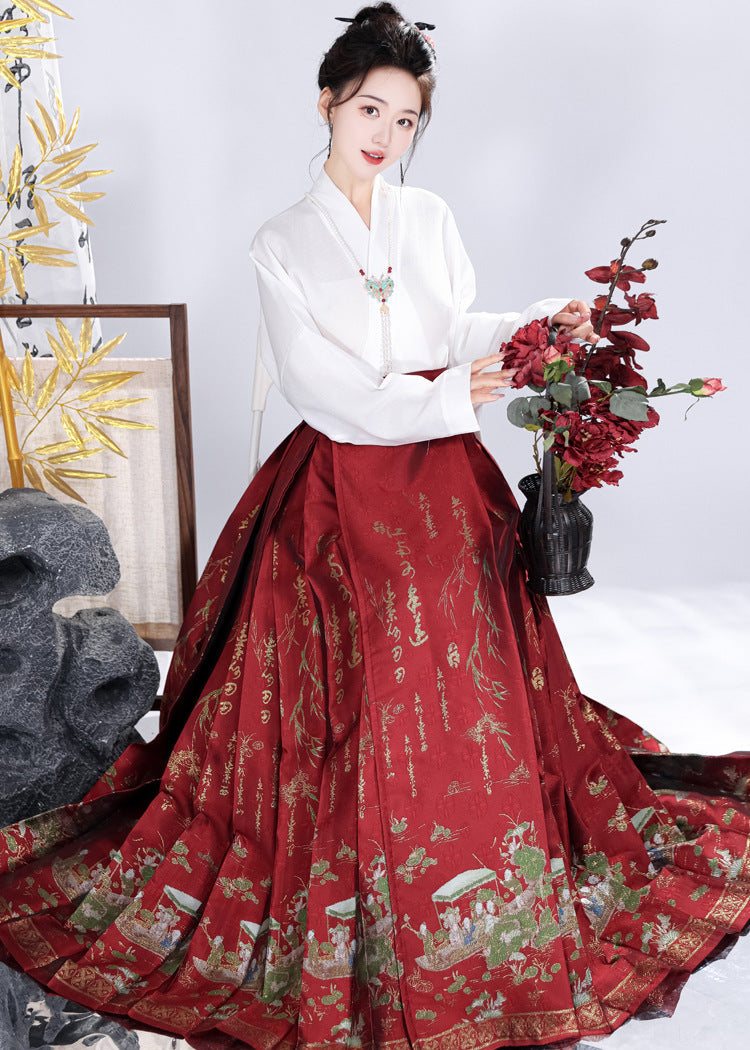 Spring Brocade Ming-Style Mamianqun Set | Traditonal High Waist Daily Long Skirt