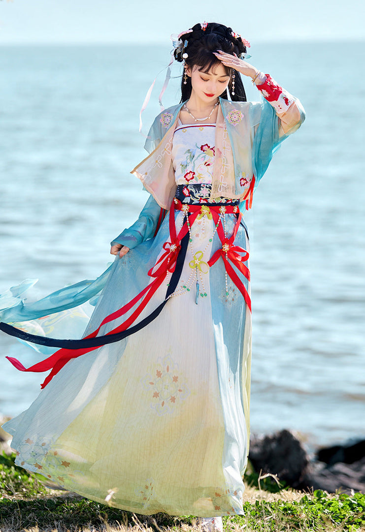 Sheer Shawl Hanfu Set | Embroidered Jacket & Chest-High Skirt