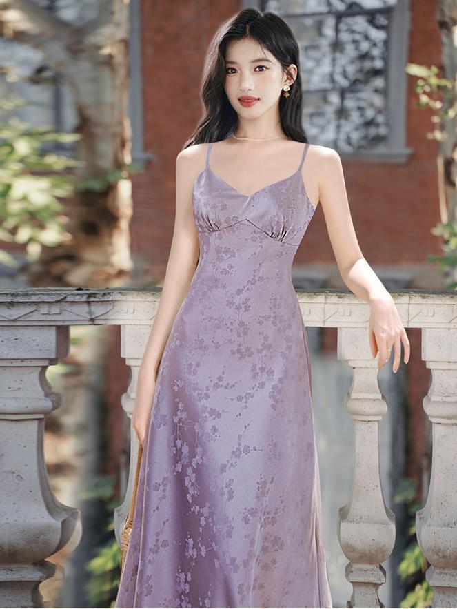 Elegant Purple Floral Dress with White Satin Jacket – Perfect for Traditional Hanfu