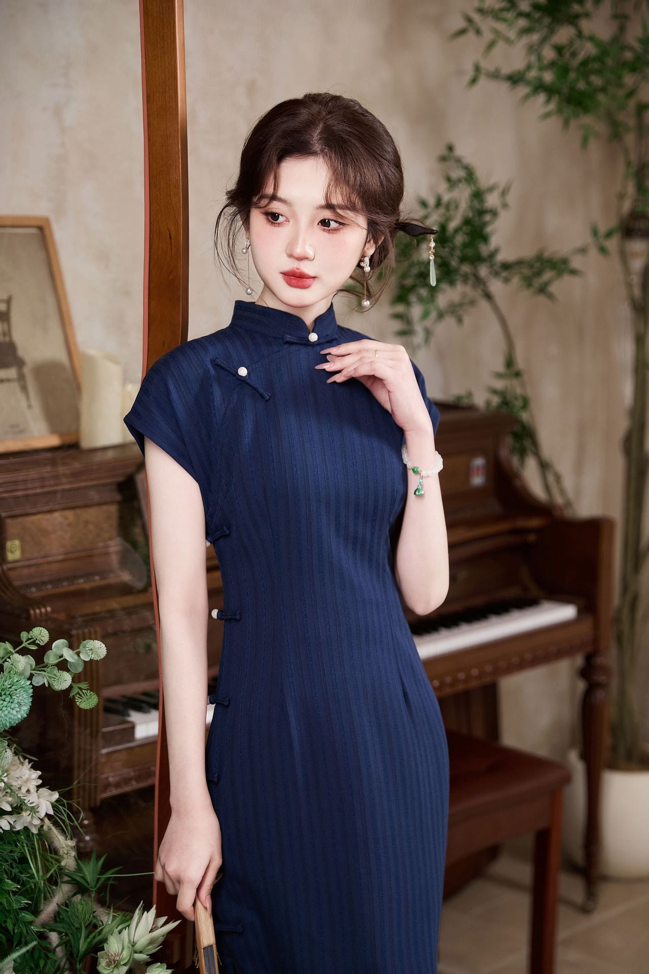 New Chinese Style Vintage Cheongsam Dress | Ribbed Slim Midi Mandarin