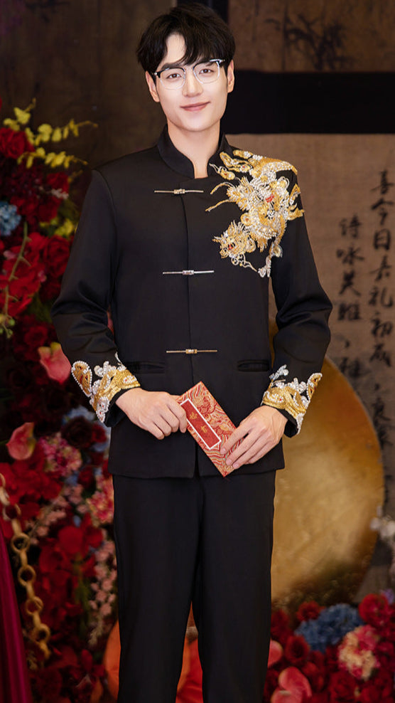 Summer Black Mandarin Collar Zhongshan Suit with Dragon for Wedding