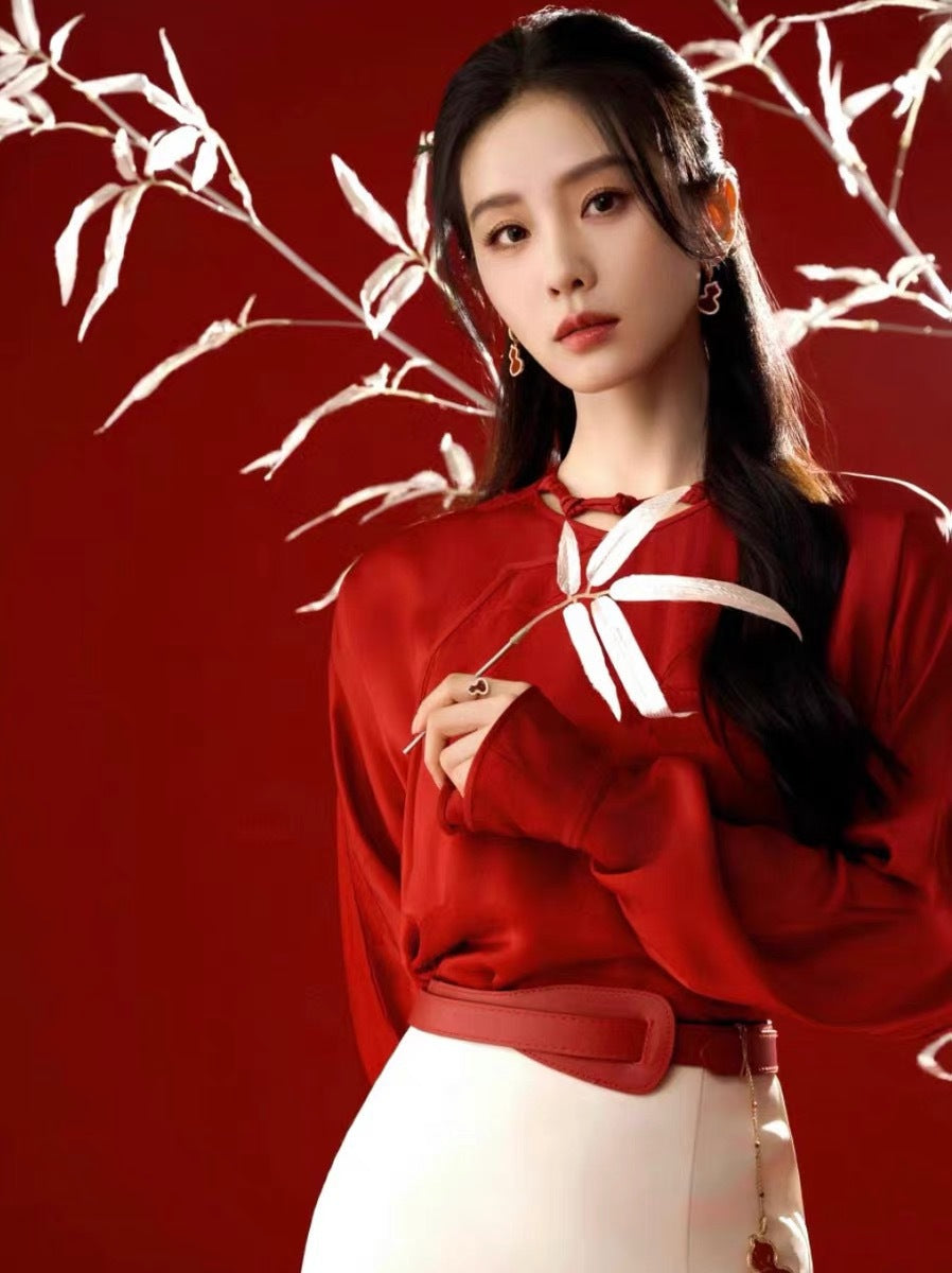 Red Blouse and White Skirt Modern Chinese Fashion Set for Wedding