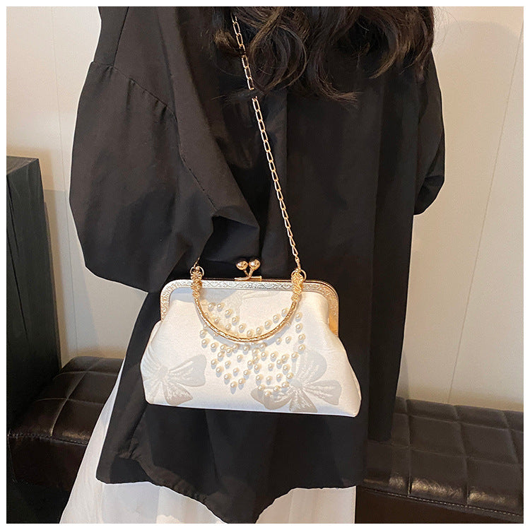 Pearl-Embellished Vintage Bow Evening Clutch Bag for Hanfu Pairing