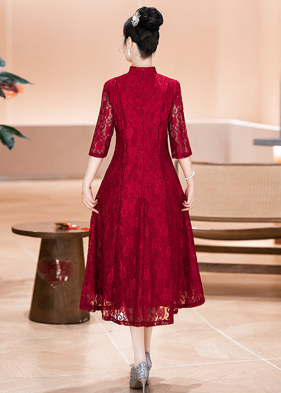 Red Plus Size Lace Mother Dress | Mandarin-Collar Tea-Length Gown