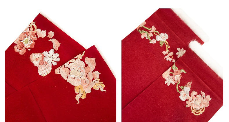 Traditional Red Hanfu Dress with Floral Embroidery and Panda Skirt, Elegant Chinese Costume