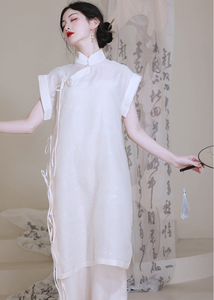 Modern Chinese Qipao Two-Piece Set | Ivory Mandarin-Collar Straight Dress