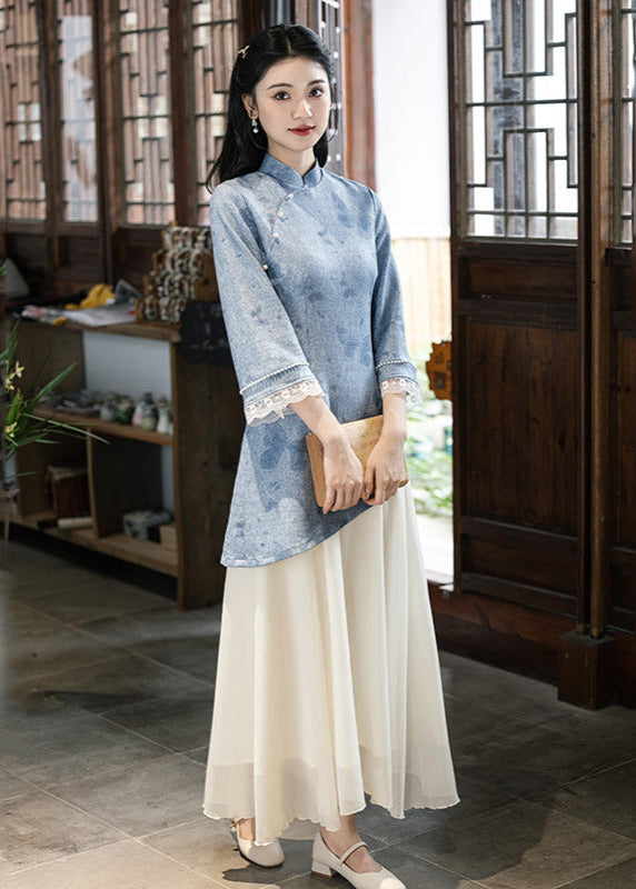 Modern Chinese Long-Sleeve Cinched Dress
