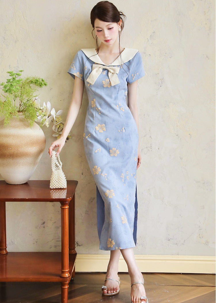 Blue Sailor Bow Qipao Dress | Slim Side-Slit, Retro Chic
