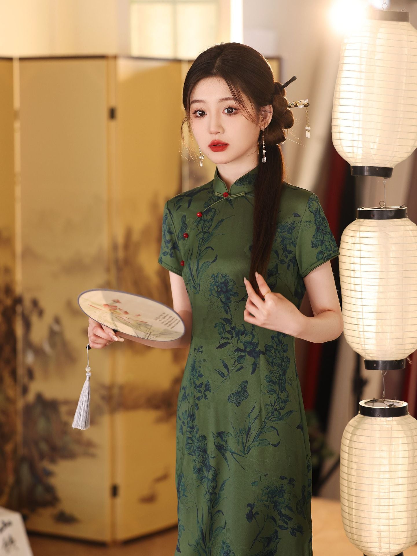 Summer Green Jacquard Qipao | Cap-Sleeve Long Vintage Dress