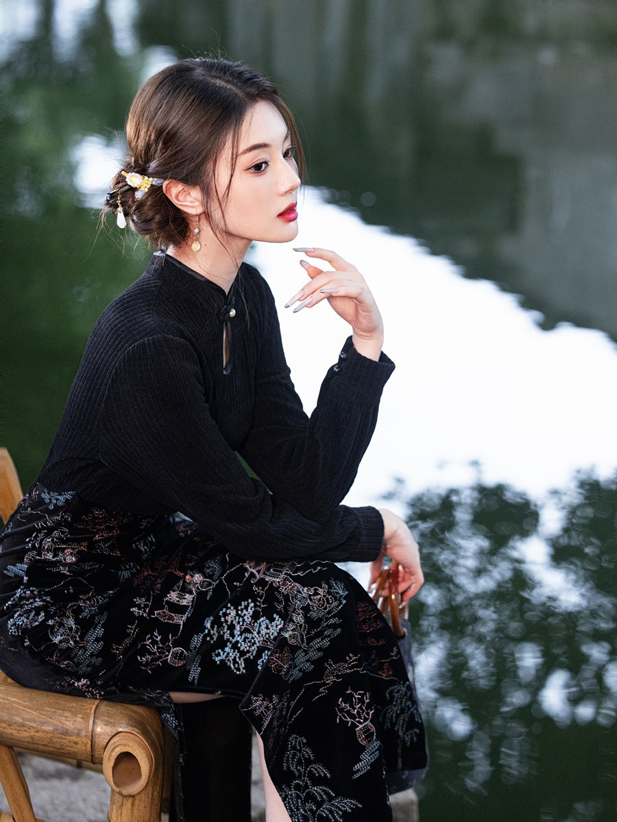 Winter New-Chinese Black Bodycon Dress