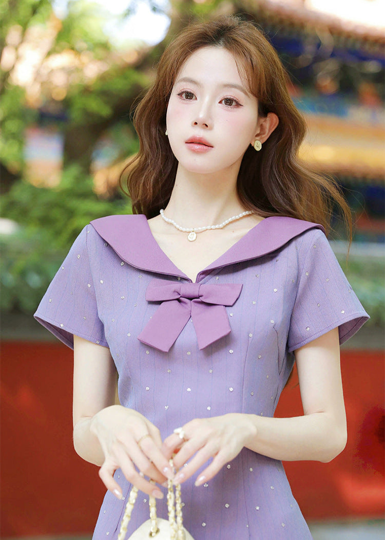 Purple Sailor Bow Midi Qipao Dress | Slim Side-Slit, Retro Sweet