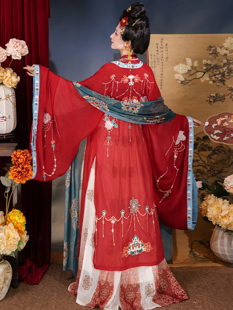 Elegant Embroidered Red Hanfu Dress – Traditional Tang Dynasty Style with Flowing Sleeves