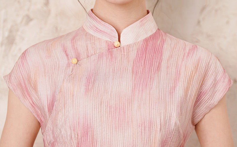 Half-Overlap Long Qipao | Cap-Sleeve Slim Mandarin Dress