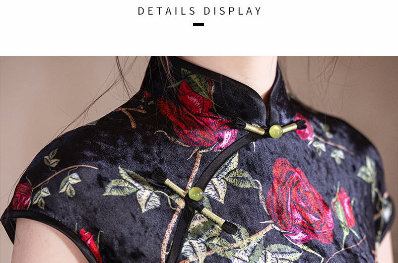 Velvet Rose-Embroidered Qipao | Black with Red Florals