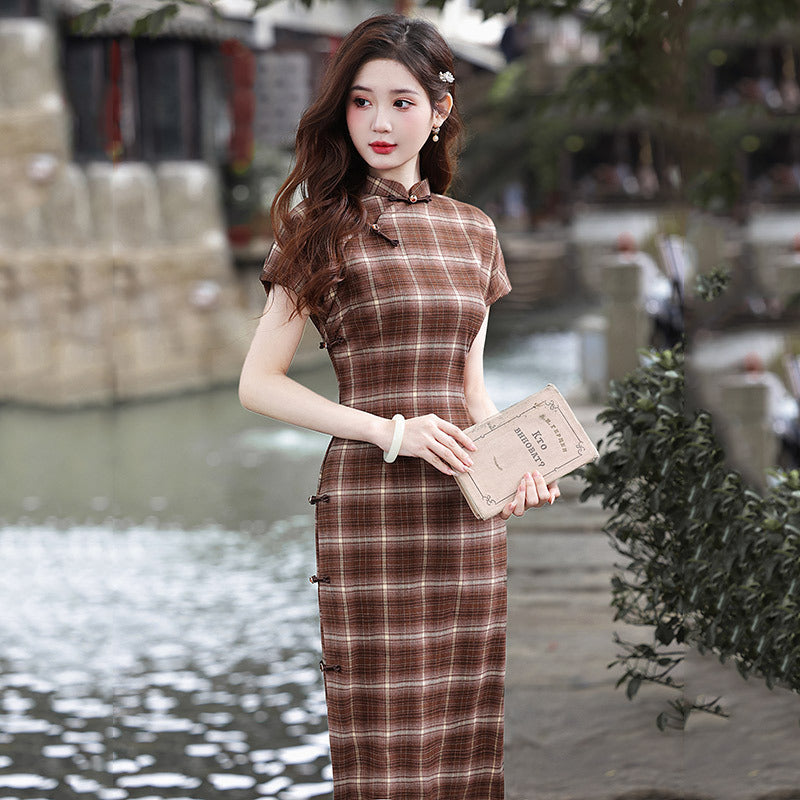 Elegant Plaid Cheongsam Dress Traditional Chinese Qipao for Women