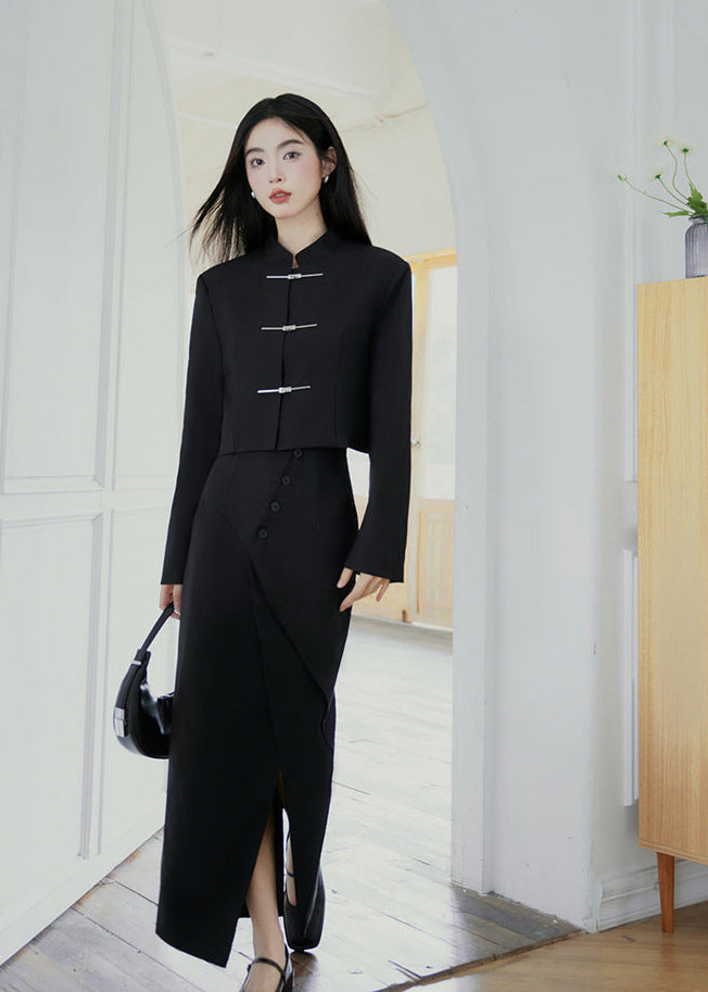 Black Modern Tang Suit Set | Mandarin-Collar Jacket & Slit Maxi Skirt for Early Spring