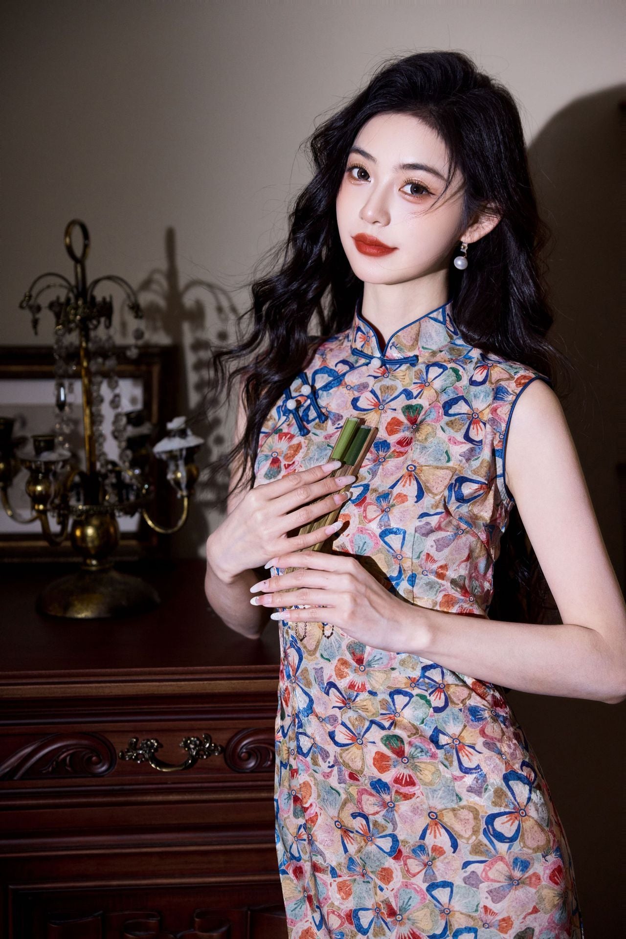 Sleeveless Slim Cheongsam Dress | Artistic Printed Evening Gown