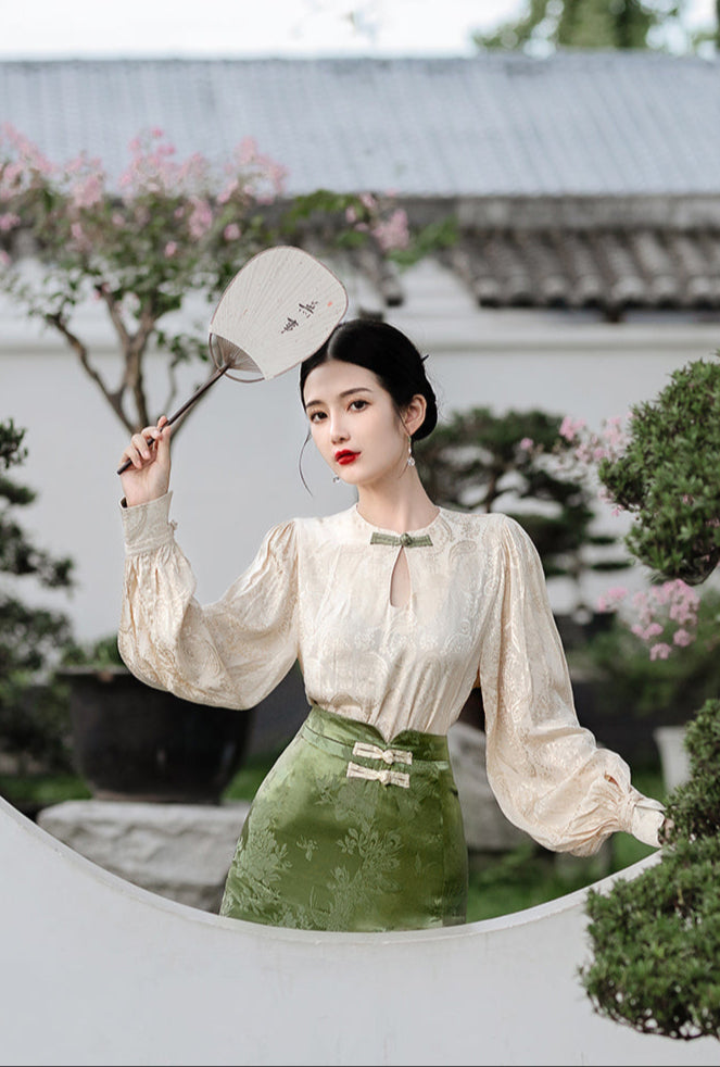 新款中式改良长袖上衣半身裙两件套