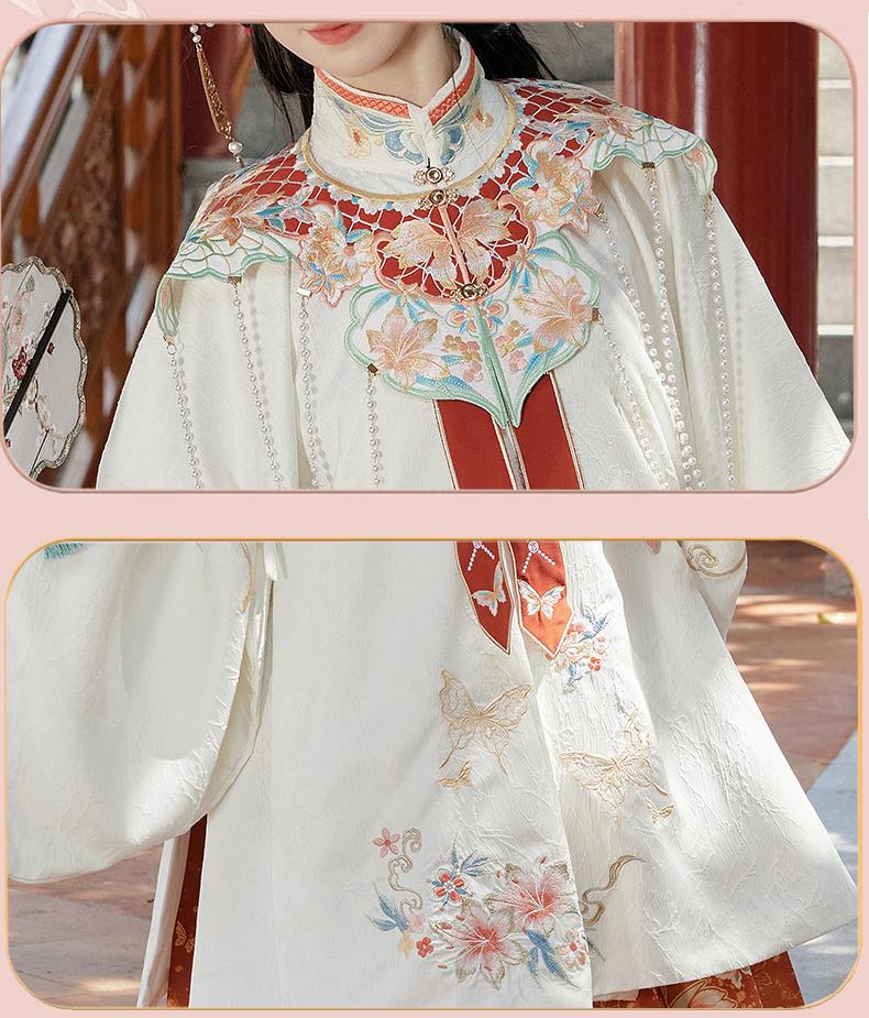 Elegant White Floral Hanfu Dress with Embroidery and Colorful Ribbon
