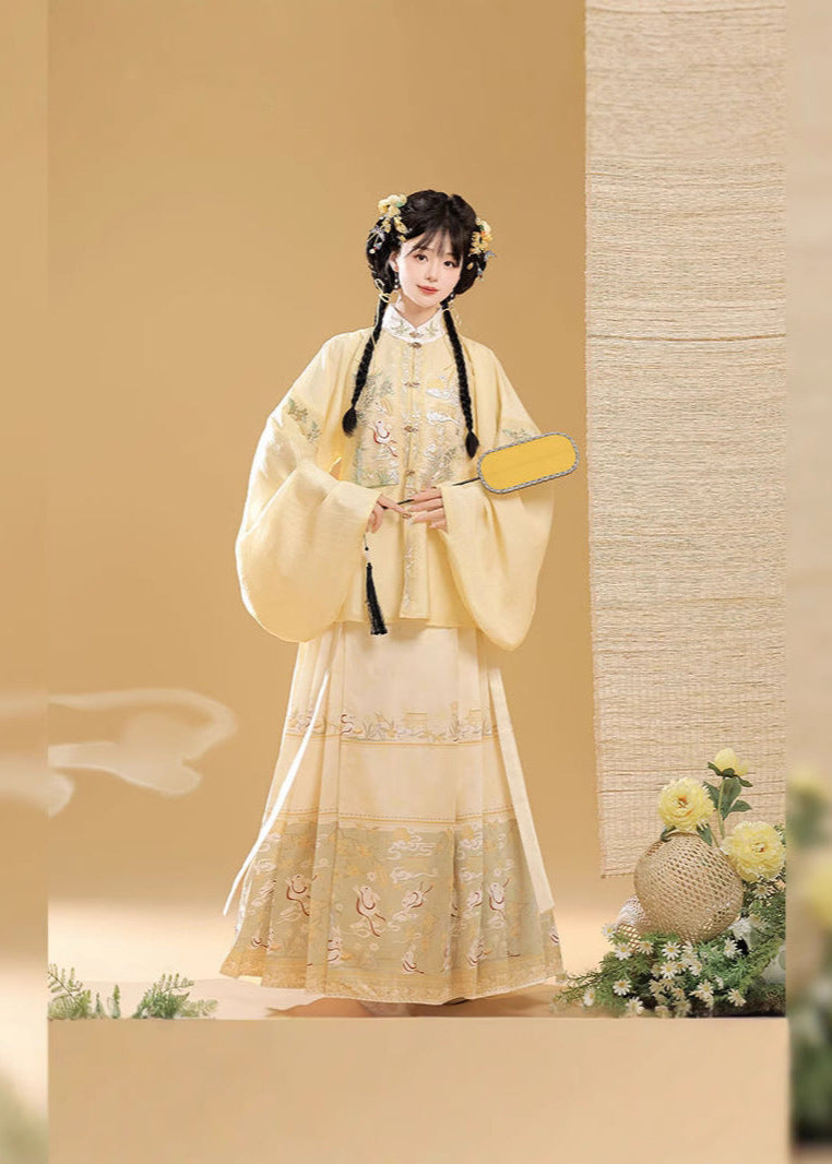 Ming-Style Stand-Collar Embroidered Patch Top & Mamian Skirt Set | Osmanthus Bunny Motif Elegant Hanfu