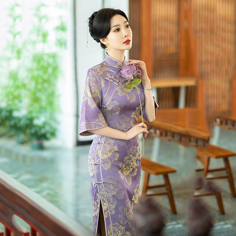 Elegant Purple Floral Brocade Cheongsam Dress with Mandarin Collar