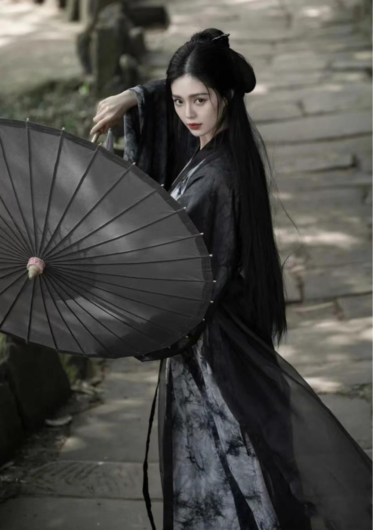 Black Ink Hanfu Robe Set Women’s Wuxia Style Ancient Costume With Flowing Sleeves