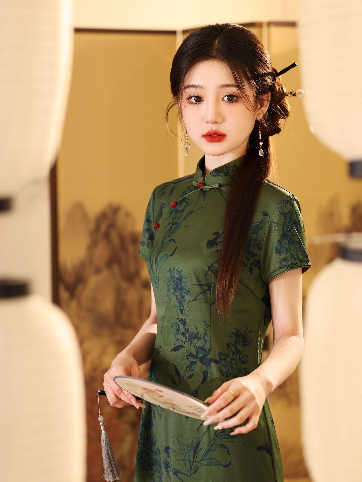 Summer Green Jacquard Qipao | Cap-Sleeve Long Vintage Dress