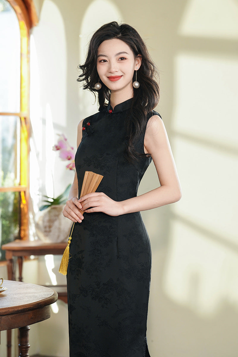 Vintage Black Double-Layer Jacquard Cheongsam Dress | Sleeveless